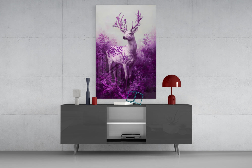 Purple Deer glass wall art catching light to reveal its painted blossoms