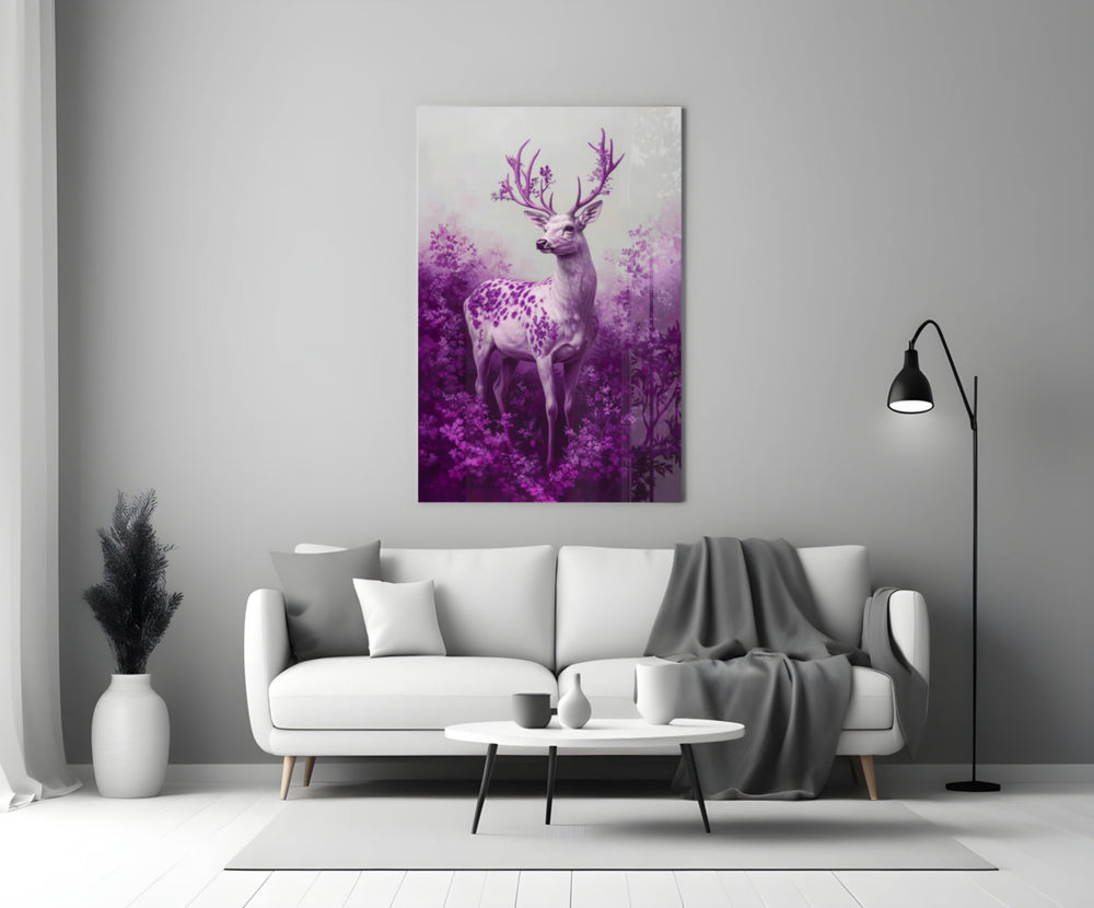 Close-up detail of stag with violet floral antlers behind glass