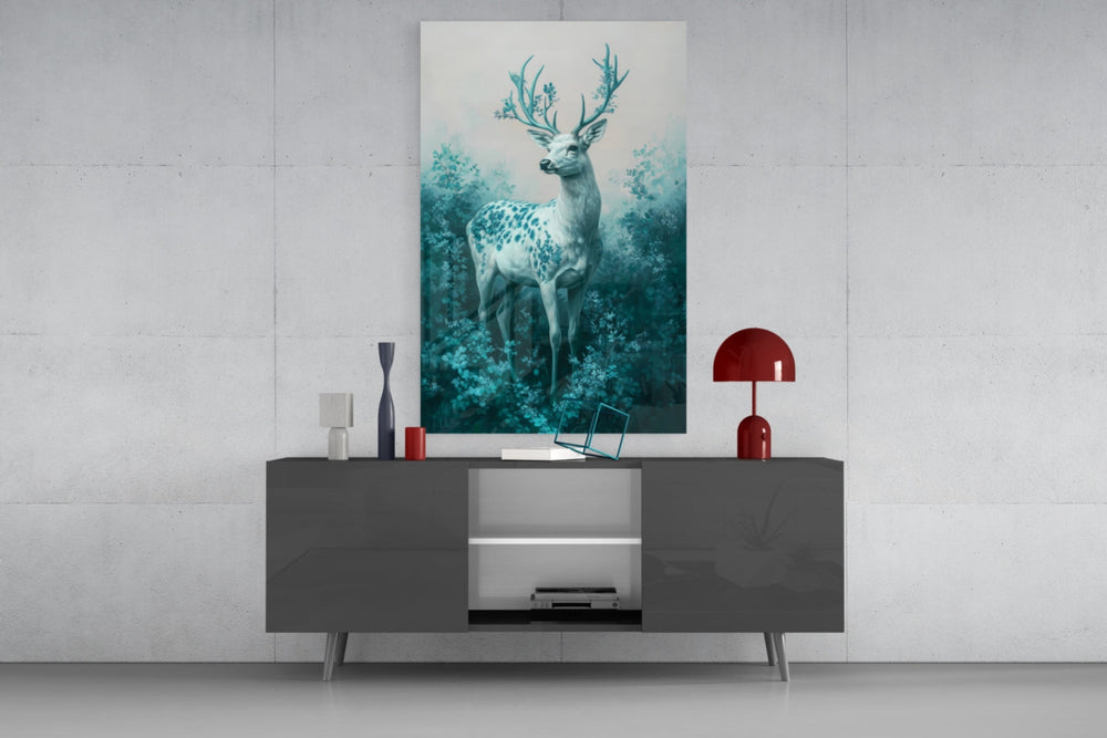 Mint Deer glass wall art catching light to reveal its painted blossoms