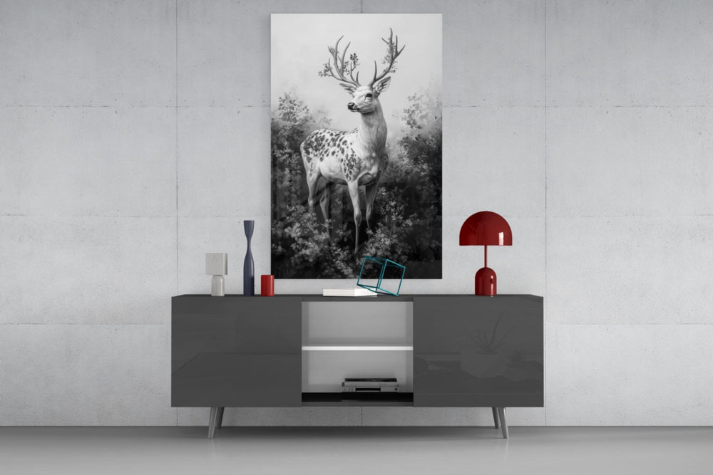 Monochrome Deer glass wall art catching light to reveal its painted blossoms