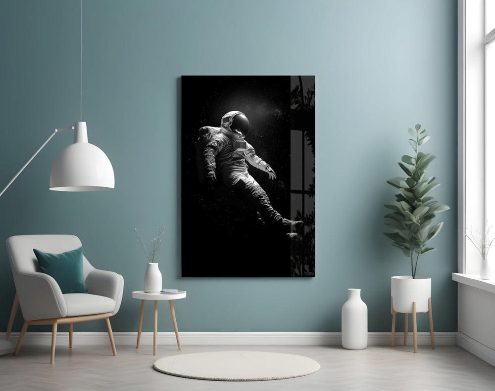 Loneliness in Space glass wall art styled above a bed in a dim, contemplative bedroom