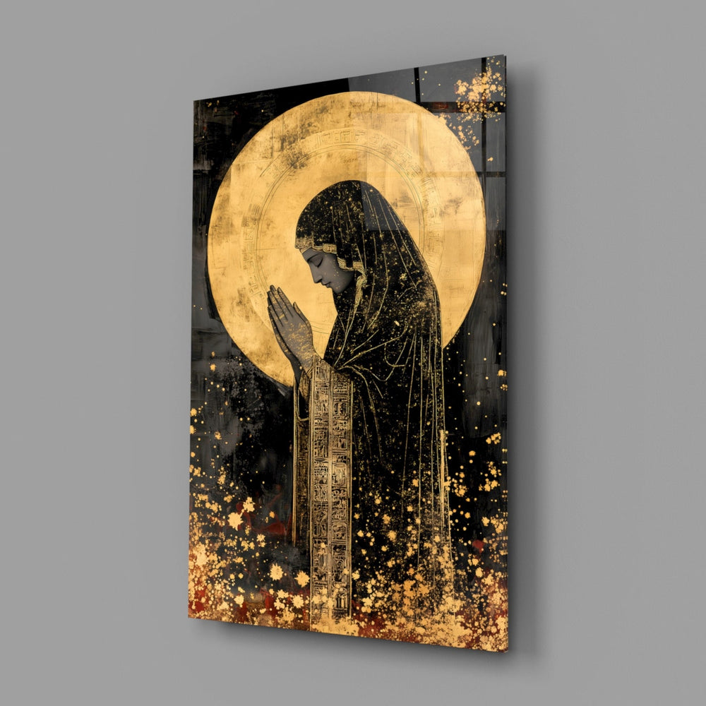 Designer-collection sacred-icon panel anchoring a bedroom wall