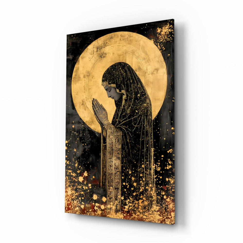 Golden Prayers of Mary glass wall art in a quiet meditation room