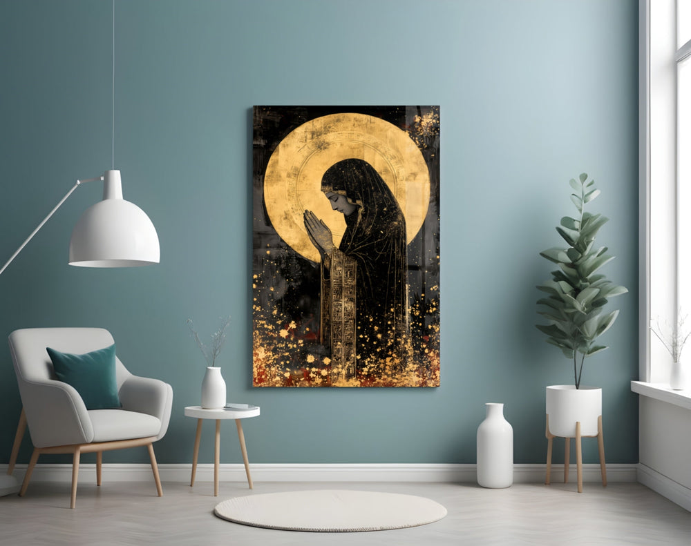 Golden Prayers artwork styled in a creative loft interior