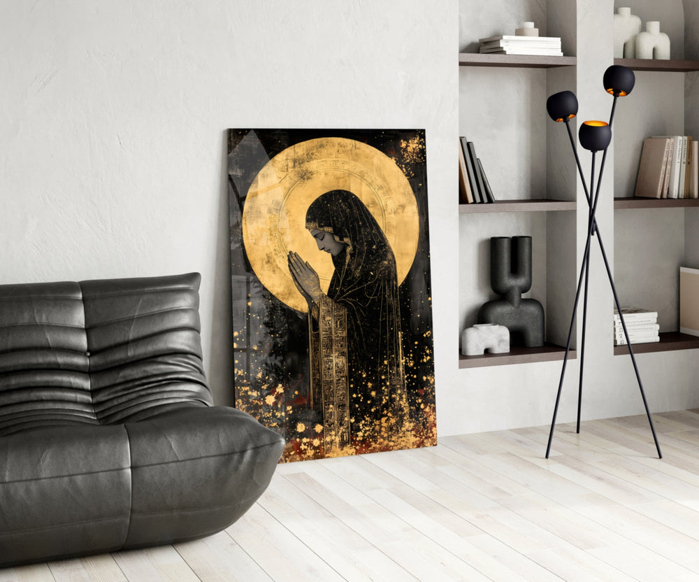 Sacred glass print bringing gold-leaf edge to a study
