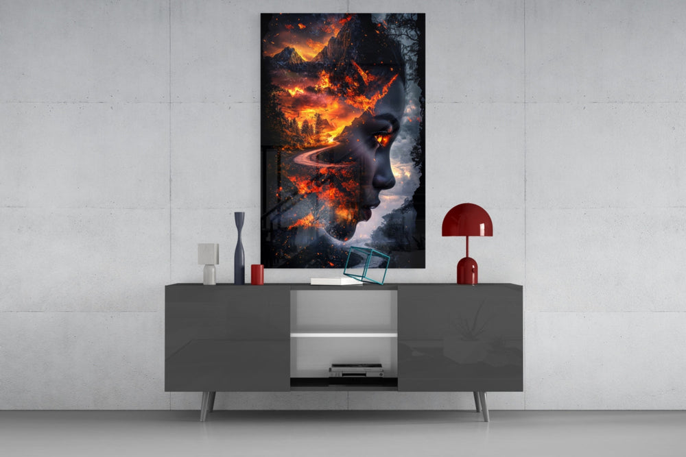 The Fire Within glass wall art catching light to reveal its painted embers