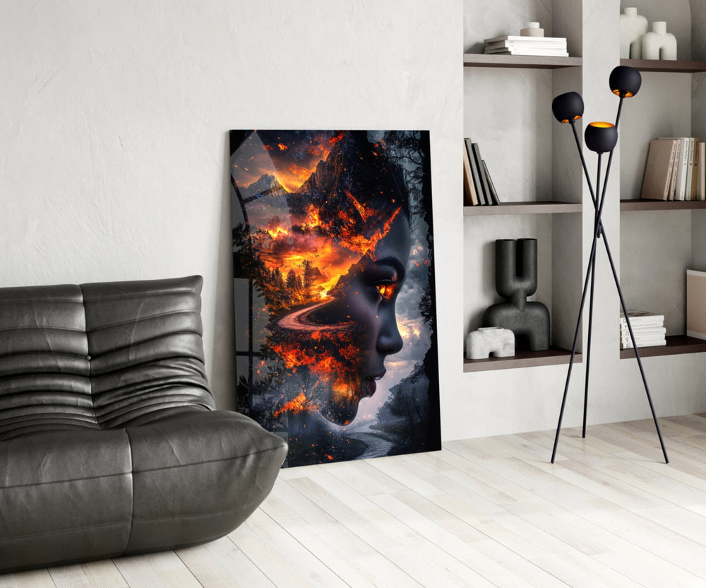 Surreal glass print bringing fire-and-cloud edge to a teen's bedroom