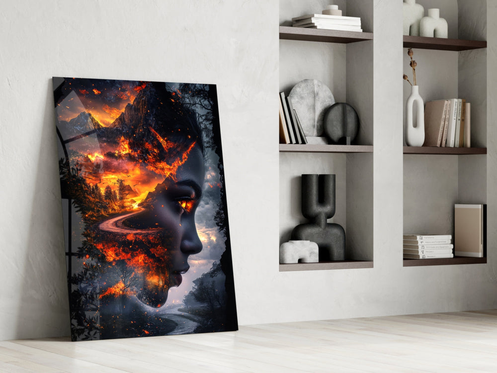 Surreal panel against a moody dark-painted accent wall