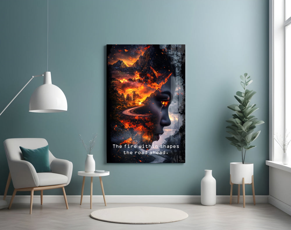 The Fire Within quoted artwork styled in a designer office interior
