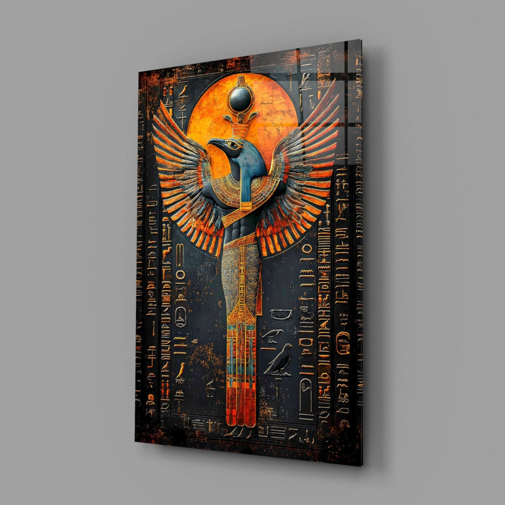 Designer-collection Egyptian-icon panel anchoring a creative loft wall