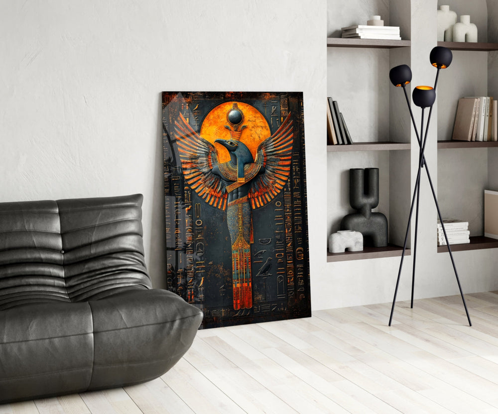 Egyptian glass print bringing mythology edge to a hallway gallery