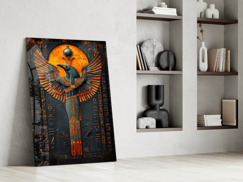 Egyptian icon panel against a moody dark-painted accent wall