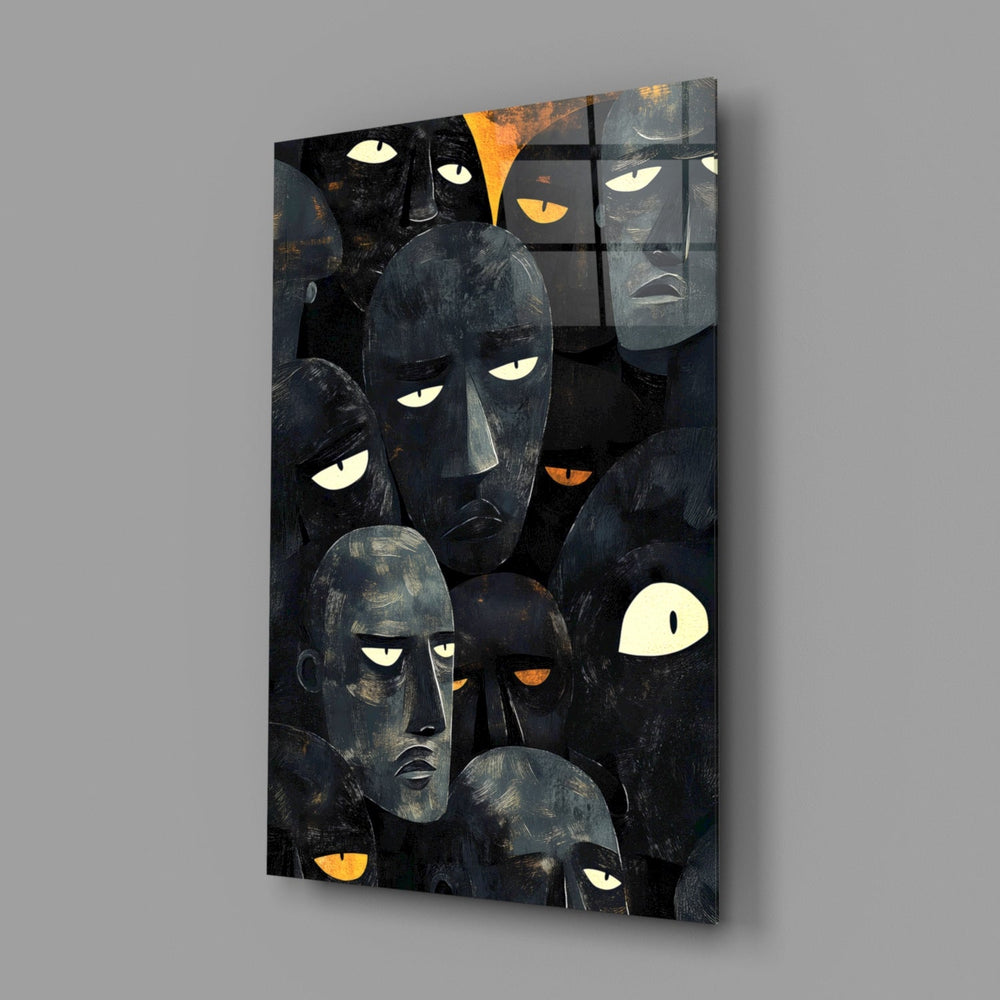 Designer-collection cubist-folk panel anchoring a modern living room wall