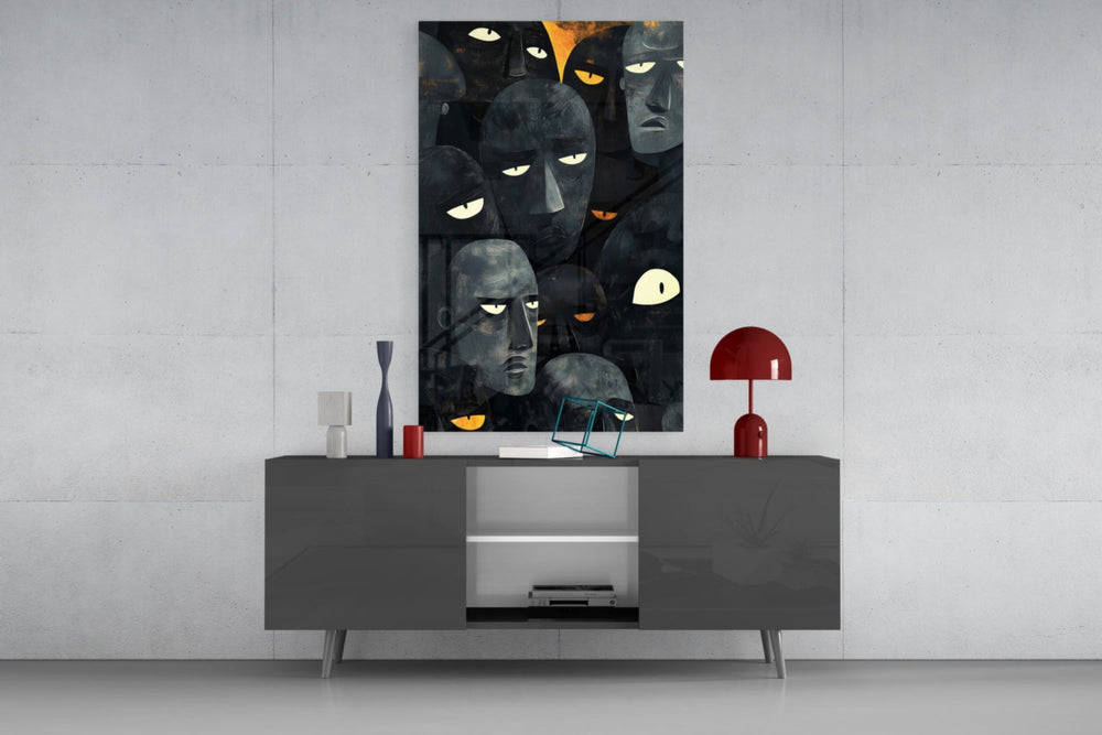 Foreign Faces glass wall art catching light to reveal its painted brushwork