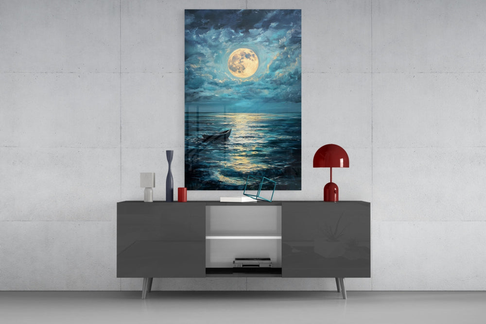 Boat in the Full Moon glass wall art catching light to reveal its painted ripples
