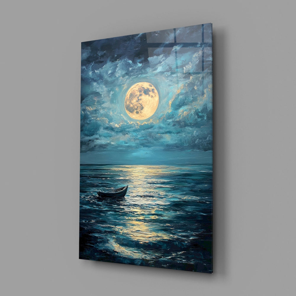 Designer-collection seascape panel anchoring a master bedroom wall