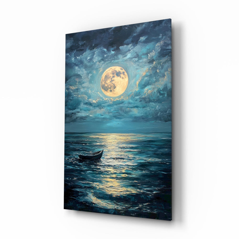 Boat in the Full Moon glass wall art in a coastal living room