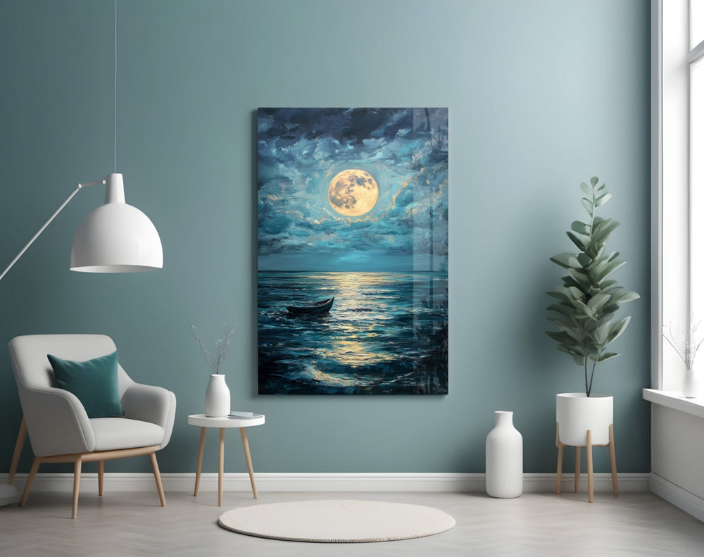 Boat in the Full Moon artwork styled in a creative loft interior