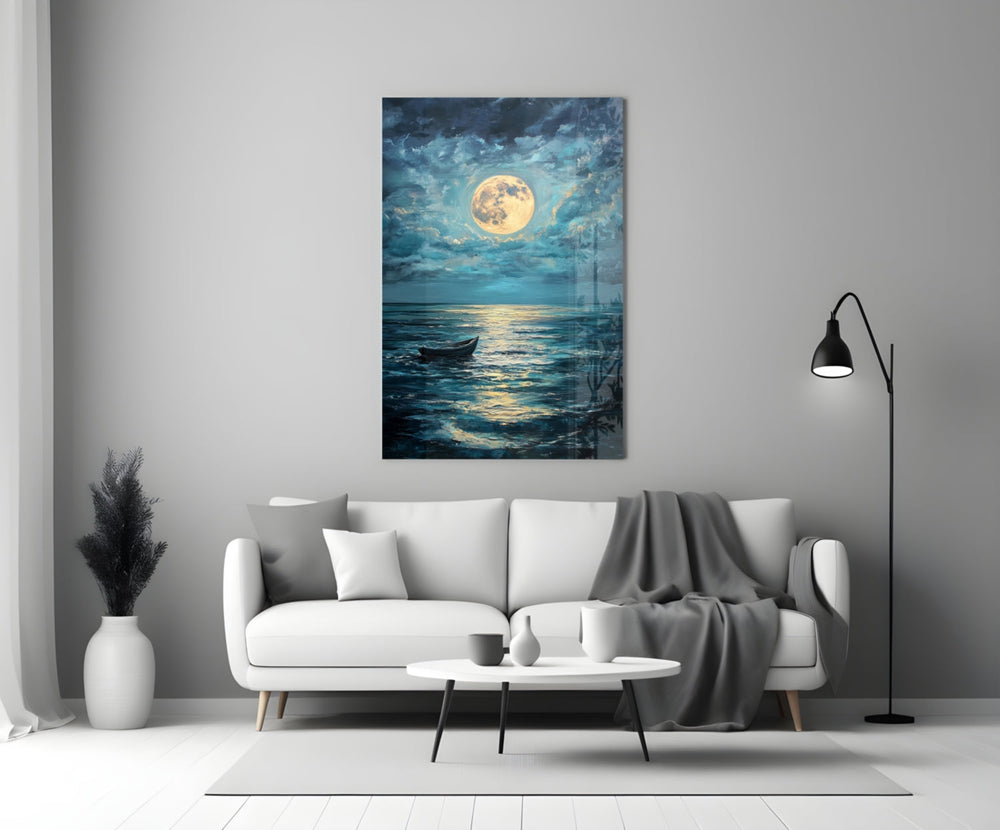 Close-up detail of lone boat under full moon behind glass