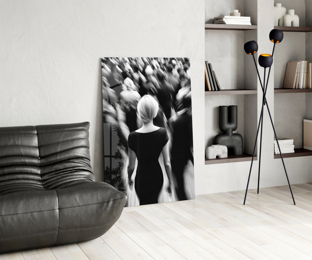 Fashion-noir glass print bringing editorial edge to a modern living room