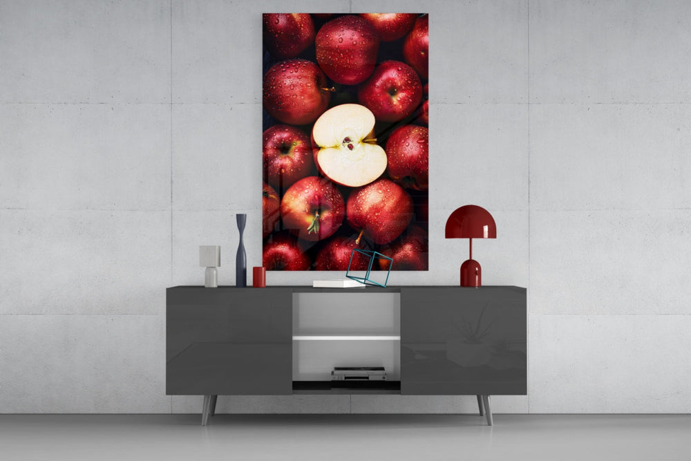 Queen of Apples glass wall art catching light to reveal its painted dew