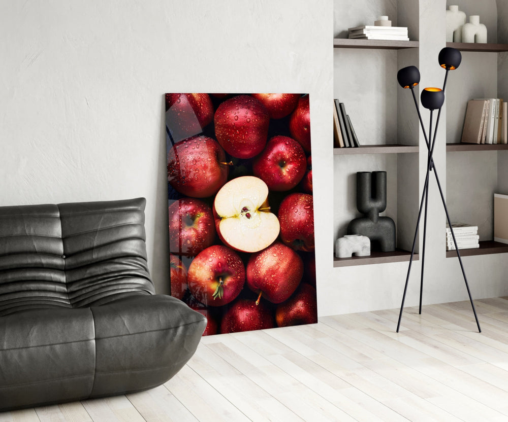 Food-photography glass print bringing orchard edge to a dining room