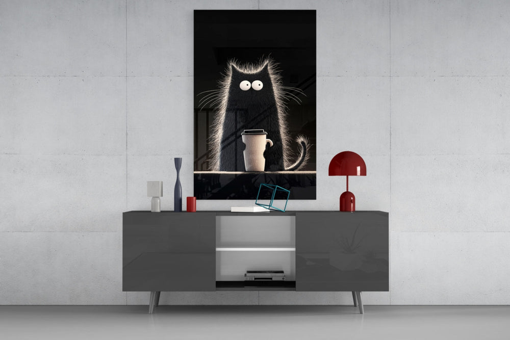 Coffee Lover Cat glass wall art catching light to reveal its painted whiskers