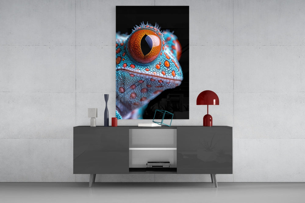 Cosmic Eyes glass wall art catching light to reveal its painted scales