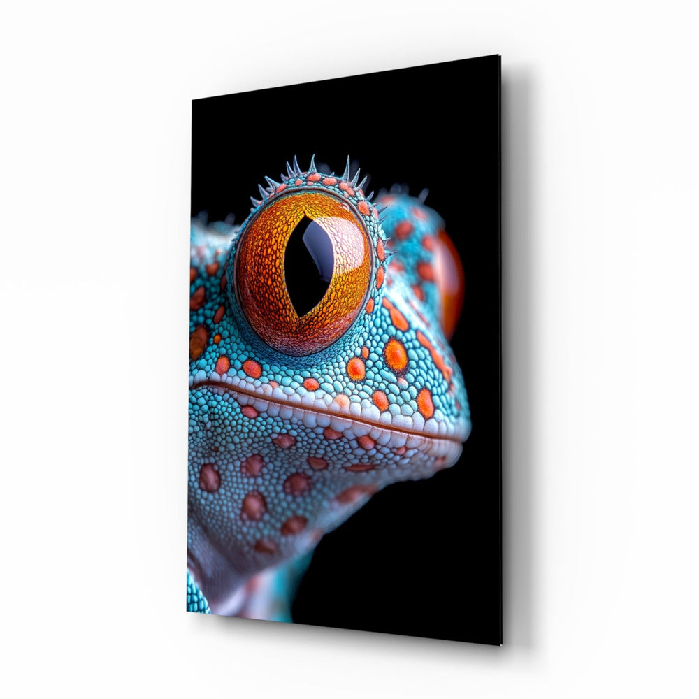 Cosmic Eyes gecko glass wall art in a modern living room