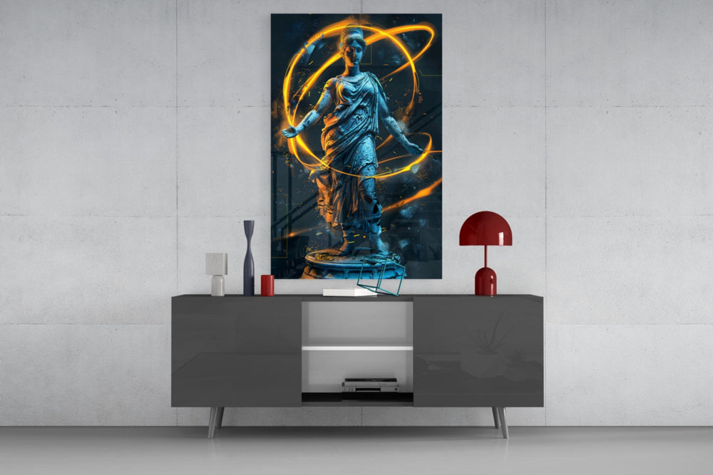 Neon Venus gold glass wall art catching light to reveal its painted rings