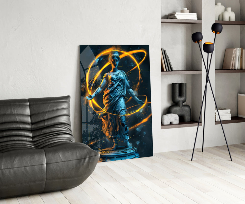 Classical-cyber glass print bringing neon edge to a foyer