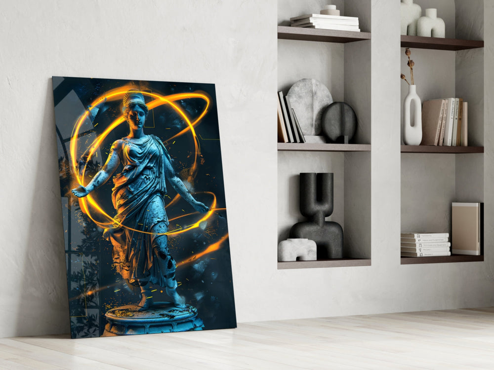 Statue panel against a moody dark-painted accent wall