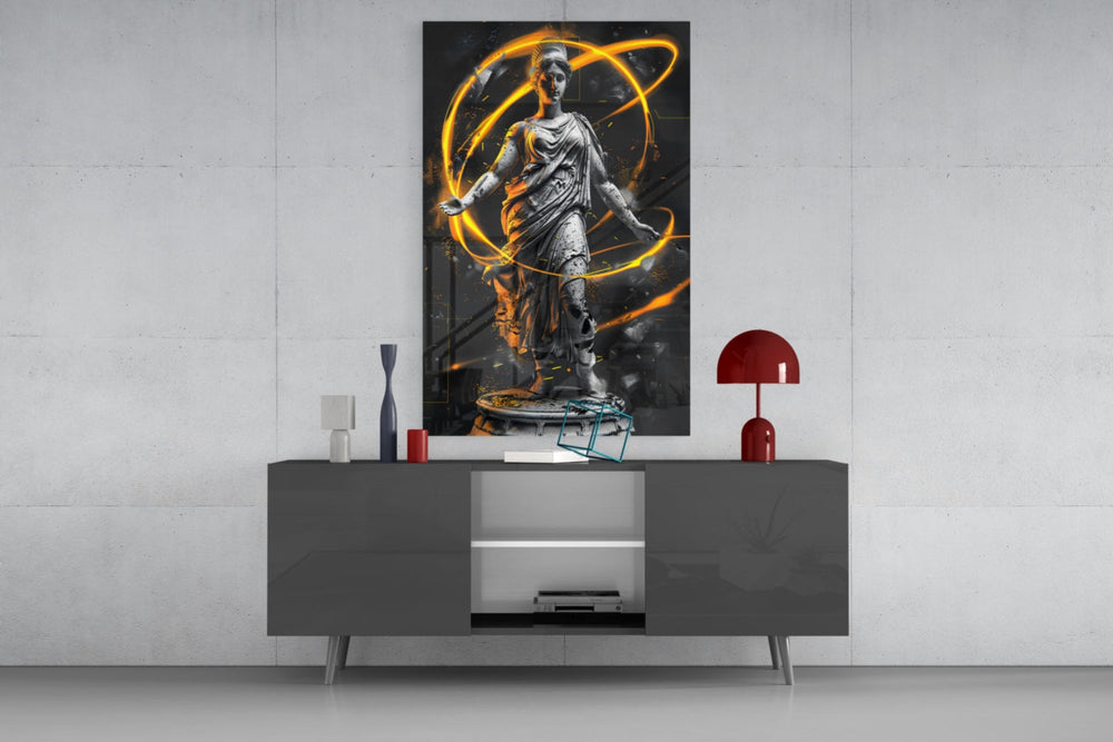 Neon Venus amber glass wall art catching light to reveal its painted rings