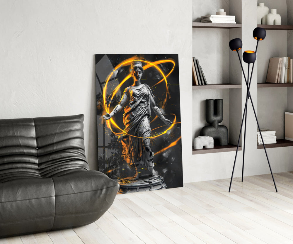 Classical-cyber glass print bringing neon edge to a foyer