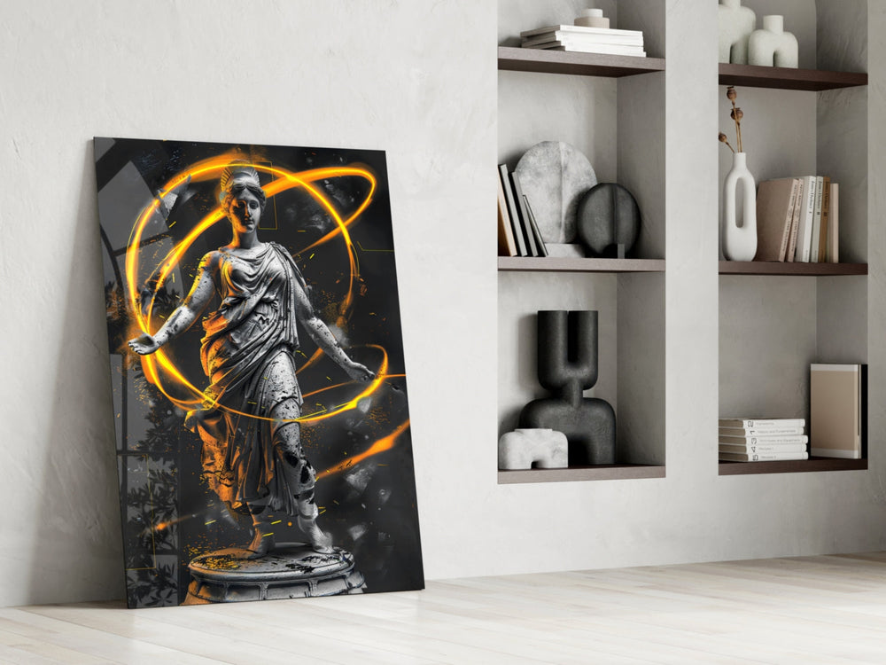 Statue panel against a moody dark-painted accent wall