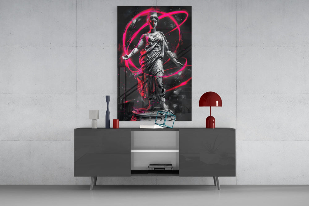Neon Venus magenta glass wall art catching light to reveal its painted rings