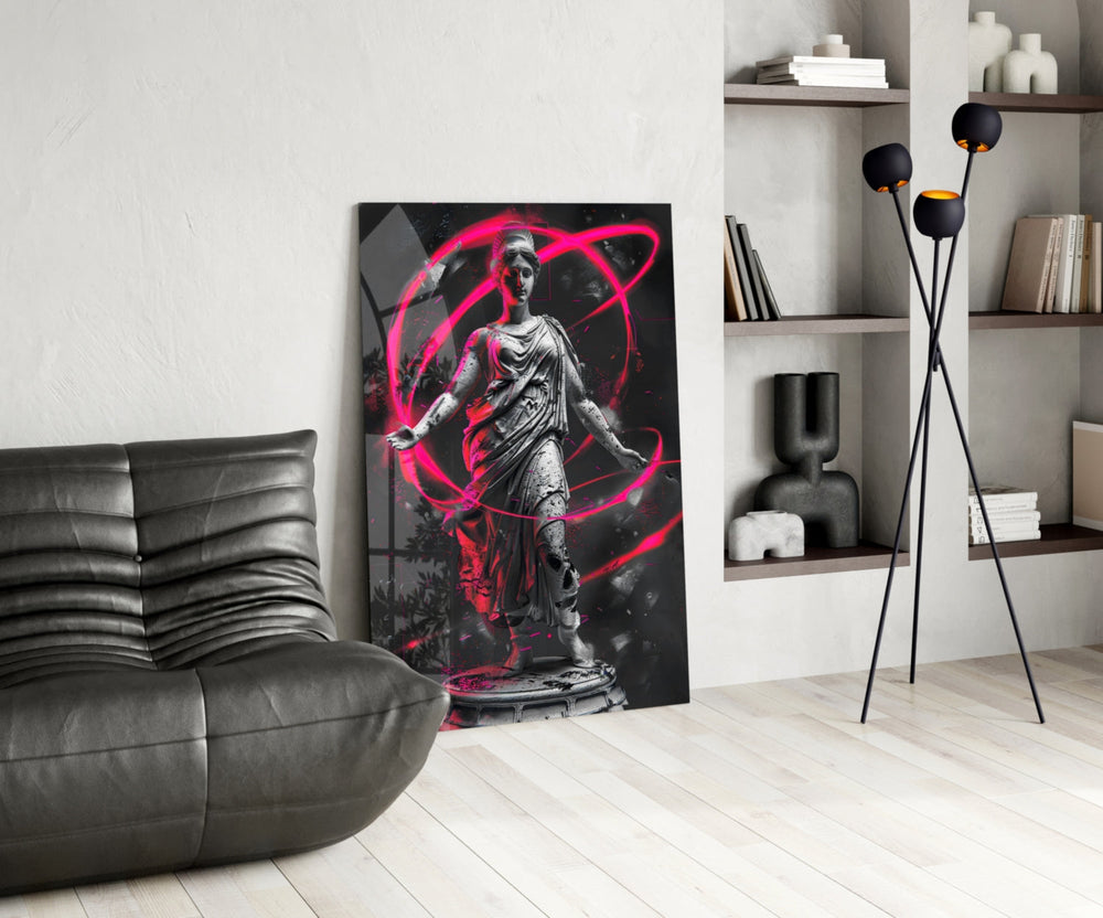Classical-cyber glass print bringing magenta edge to a foyer