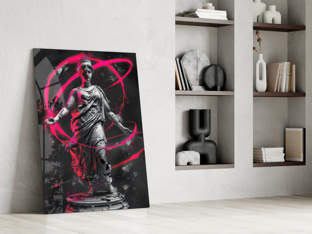 Statue panel against a moody dark-painted accent wall