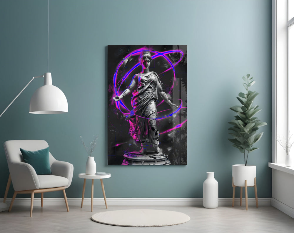 Neon Venus magenta-cobalt artwork styled in a designer office interior