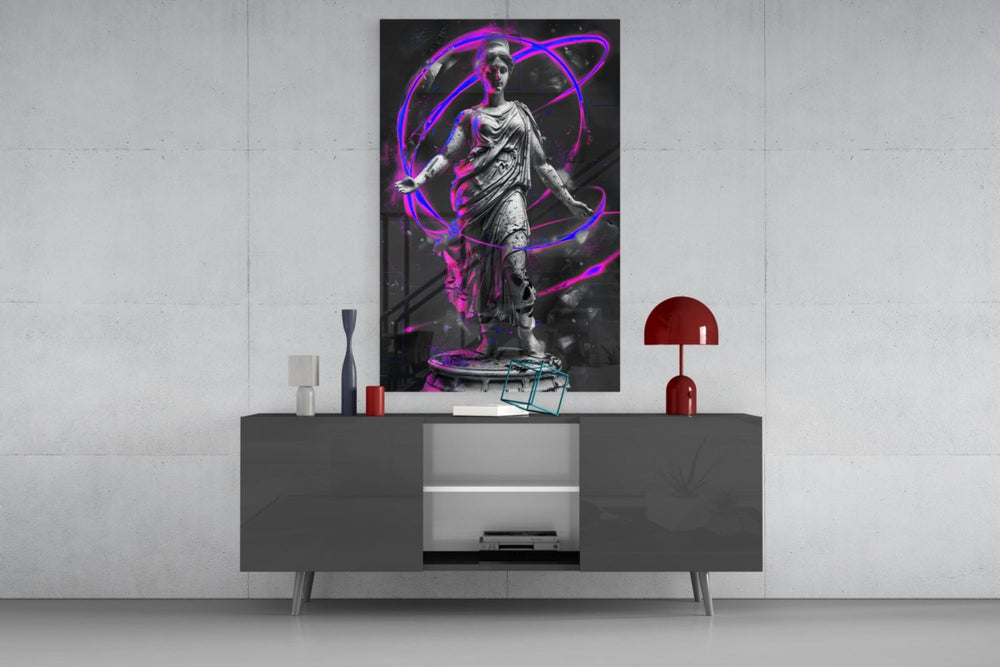 Neon Venus magenta-cobalt glass wall art catching light to reveal its painted rings