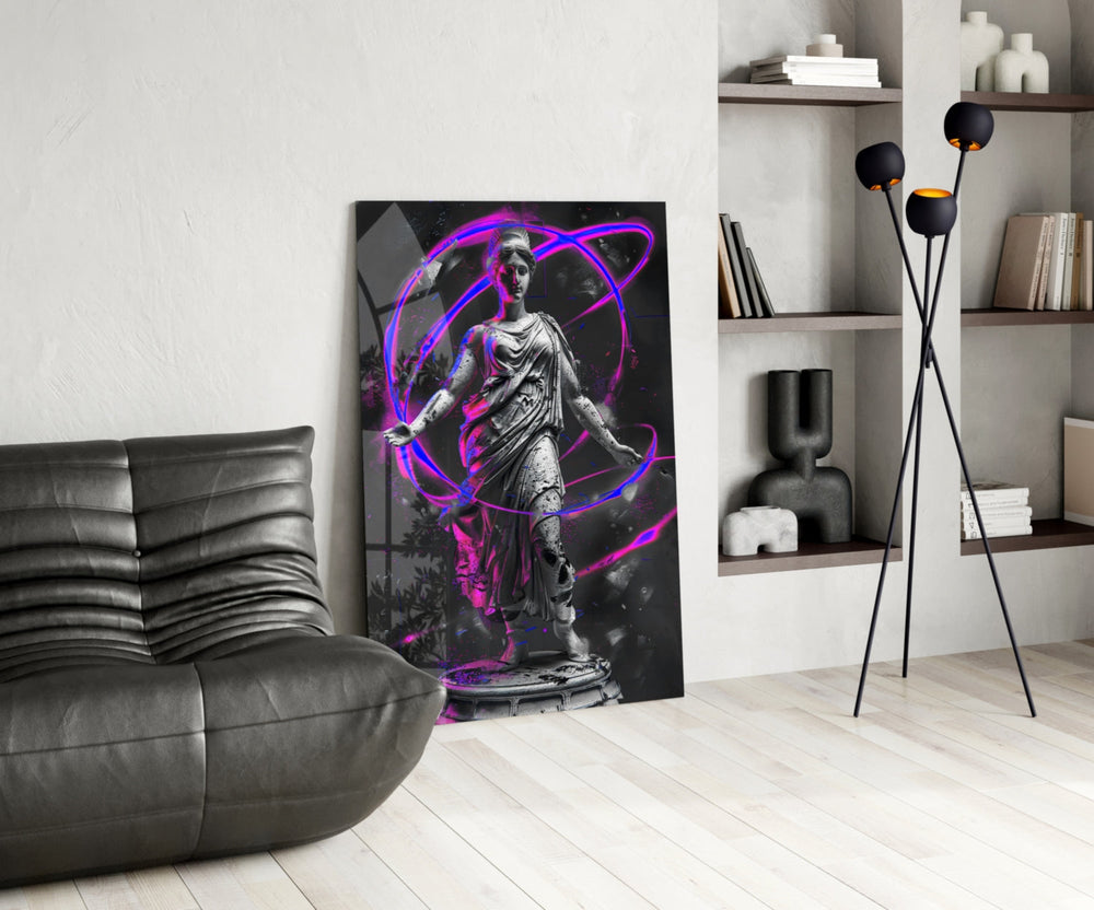 Classical-cyber glass print bringing synthwave edge to a foyer