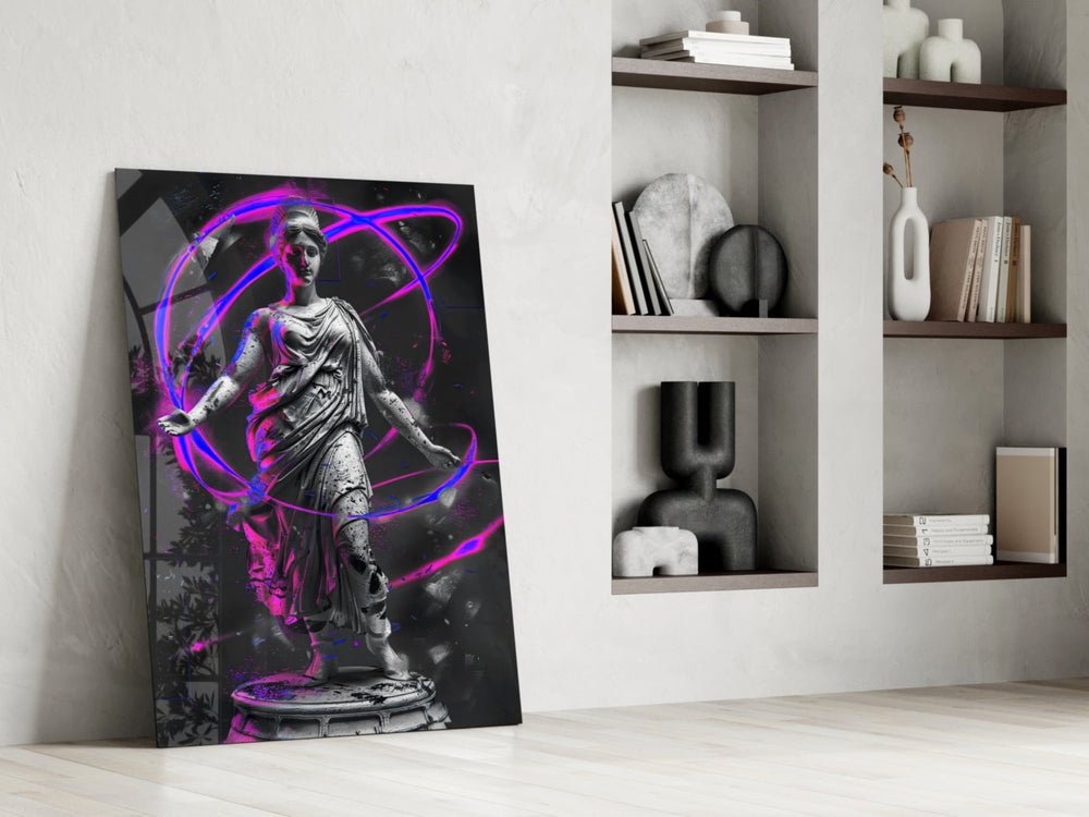 Statue panel against a moody dark-painted accent wall