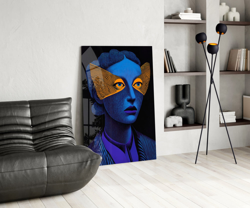 Editorial glass print bringing illustrative edge to a modern living room