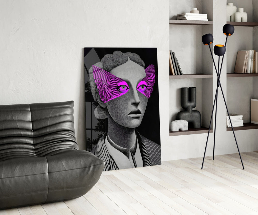 Editorial glass print bringing illustrative edge to a modern living room