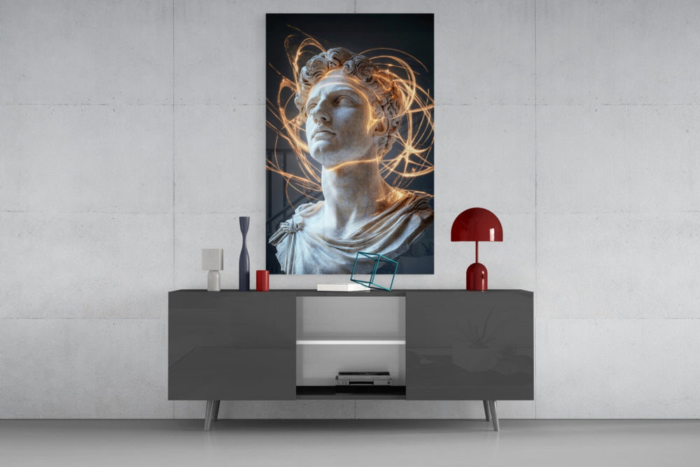 Shining Mind of Aurelius glass wall art catching light to reveal its painted filaments