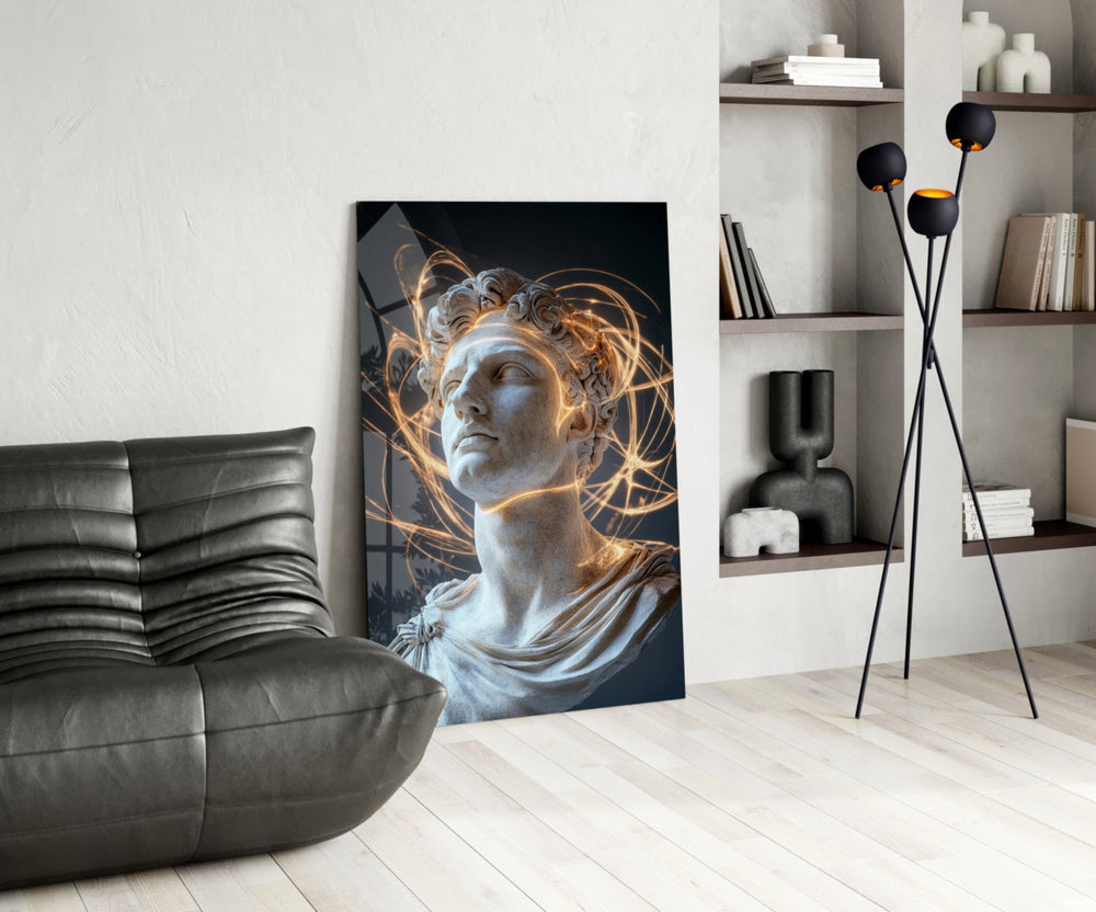 Classical-cyber glass print bringing philosopher edge to a library nook