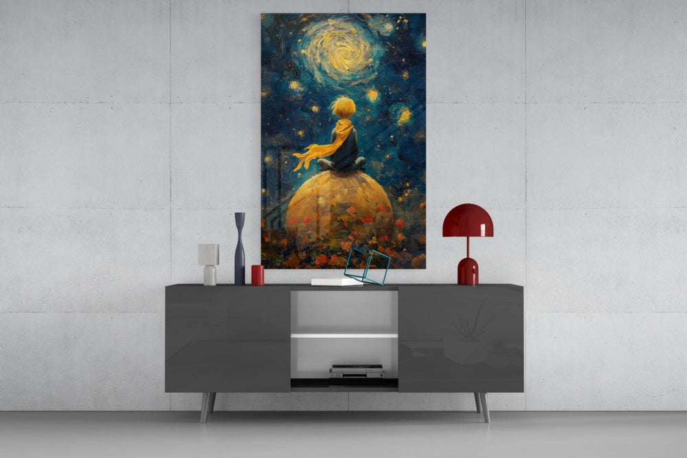 Little Prince Starry Night glass wall art catching light to reveal its painted swirls