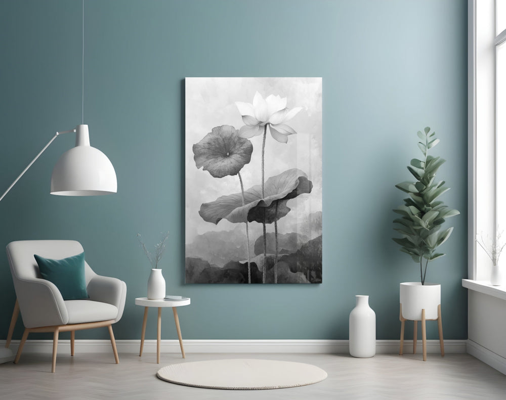 Black and White Water Lily artwork styled in a yoga studio interior