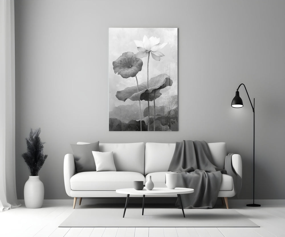 Close-up detail of B&W lotus and leaves behind glass