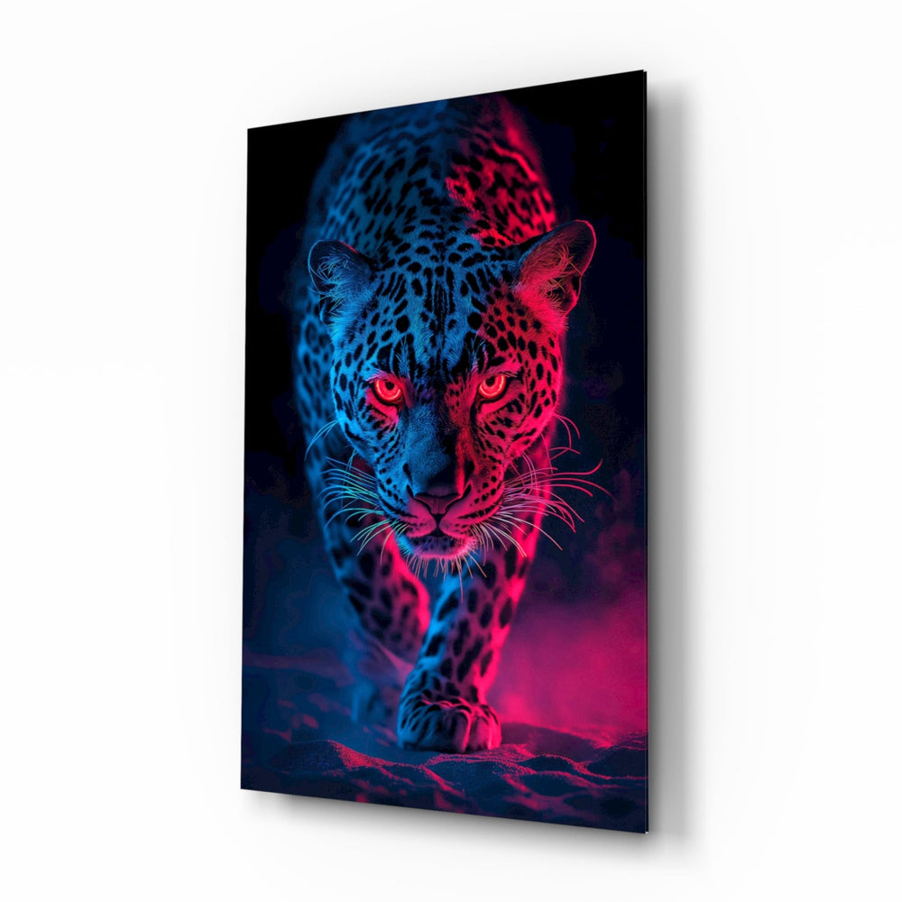 Neon Leopard glass wall art in a modern creative loft